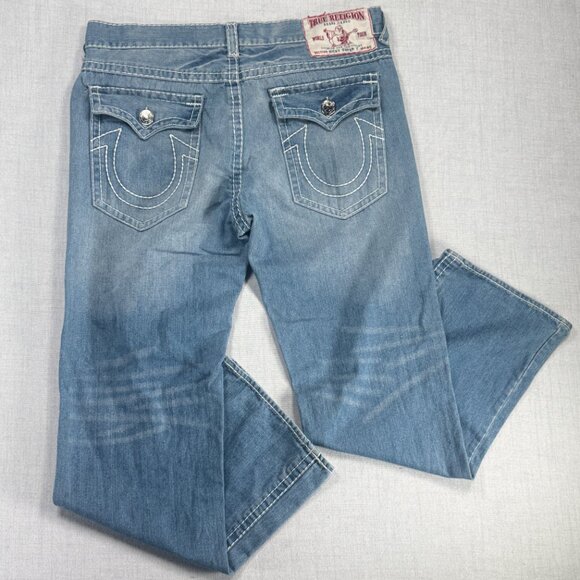 Y2K True Religion Ricky Super T Bootcut Jeans Distressed Light Wash USA Size 40 - Picture 2 of 10